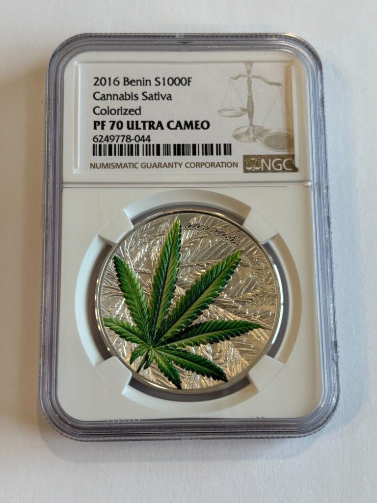 Read more about the article 2016 Benin Cannabis Sativa Colorized 1 oz Silver 1000F NGC PF 70