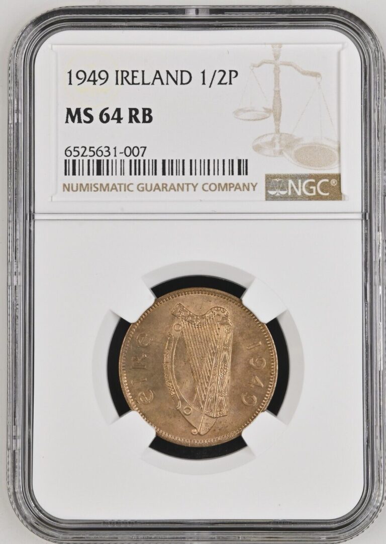 Read more about the article 1949 IRELAND 1/2 PENNY NGC MS64 RB.