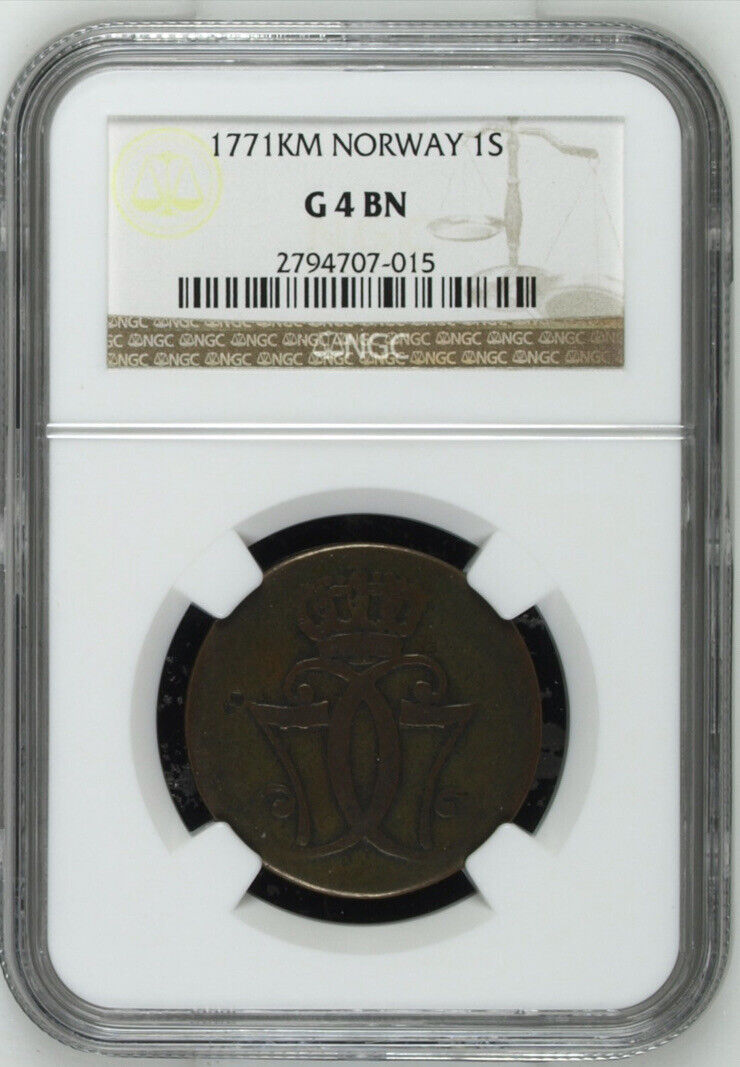 Read more about the article NORWAY RARE 1 SKILLING DANSKE 1771 NGC G4 BN Copper Coin