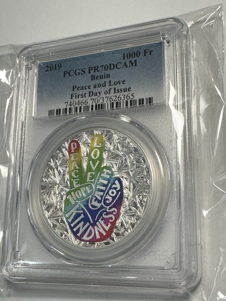 Read more about the article 2019 Benin 1000 Francs Peace and Love Marijuana Silver Coin – PR70DCAM PCGS