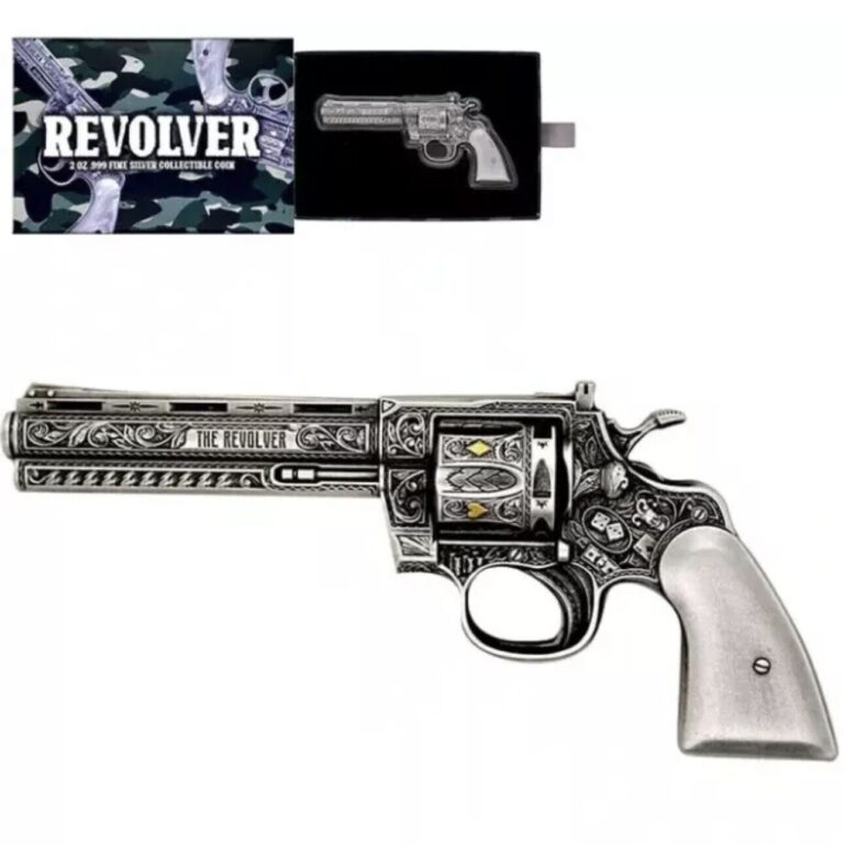 Read more about the article Chad 2 oz Silver Revolver Gun Shaped Antiqued High Relief Coin .999 (w/Box)🔥