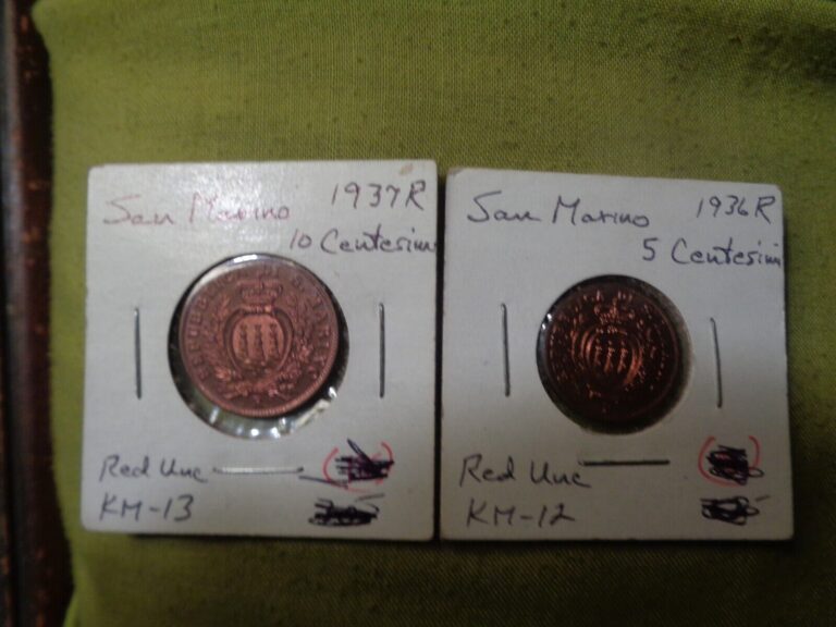 Read more about the article san marino coins  5 and 10 centesim  1937-R  red unc.