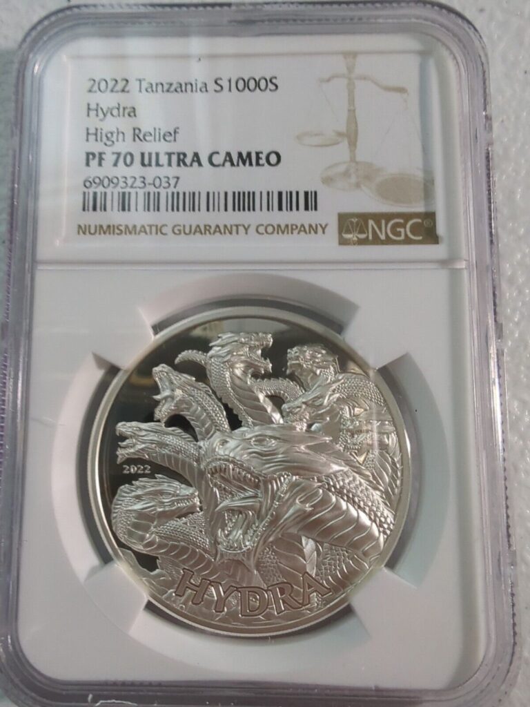 Read more about the article 2022 Tanzania  Hydra High Relief 1 oz Silver Coin (499 Mintage) PF70!Pop – 3!!!