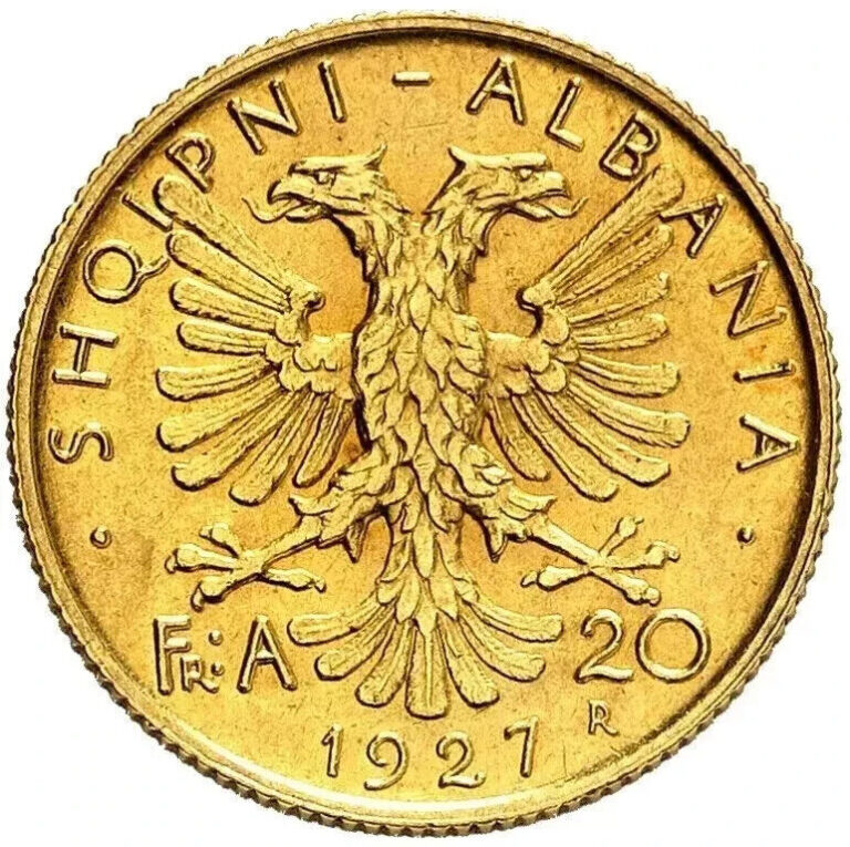 Read more about the article Albania 20 Franga Ari 1927 Gold Coin  AU 58 NGC-14k Yellow Gold Plated