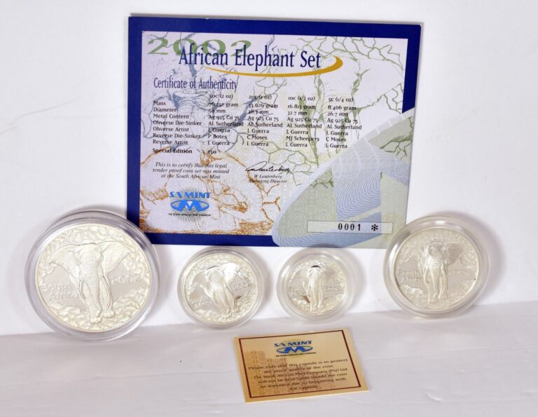 Read more about the article 2002 Silver South Africa 4 Coin Elephant Silver Proof Set #0001 WOW!!!