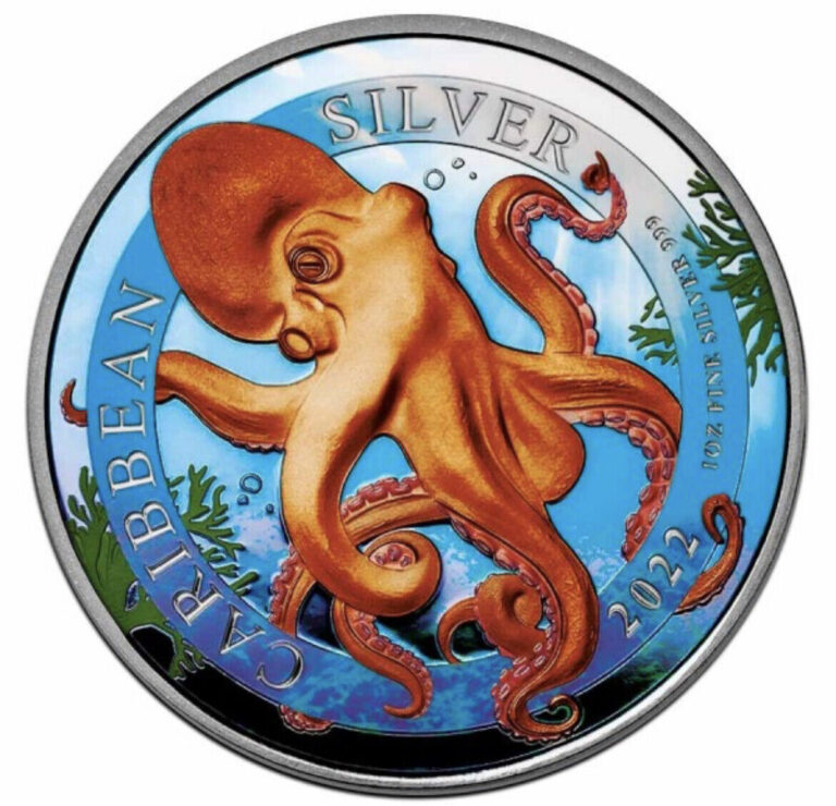 Read more about the article 2022 Barbados Caribbean Octopus Colorized 1 oz Silver Coin mintage of 100