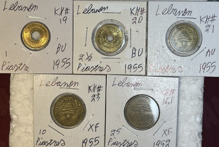 Read more about the article 1952 – 1955 Lebanon 1  2.5  5  10 and 25 Piastres XF – BU Condition 5 Coin Lot