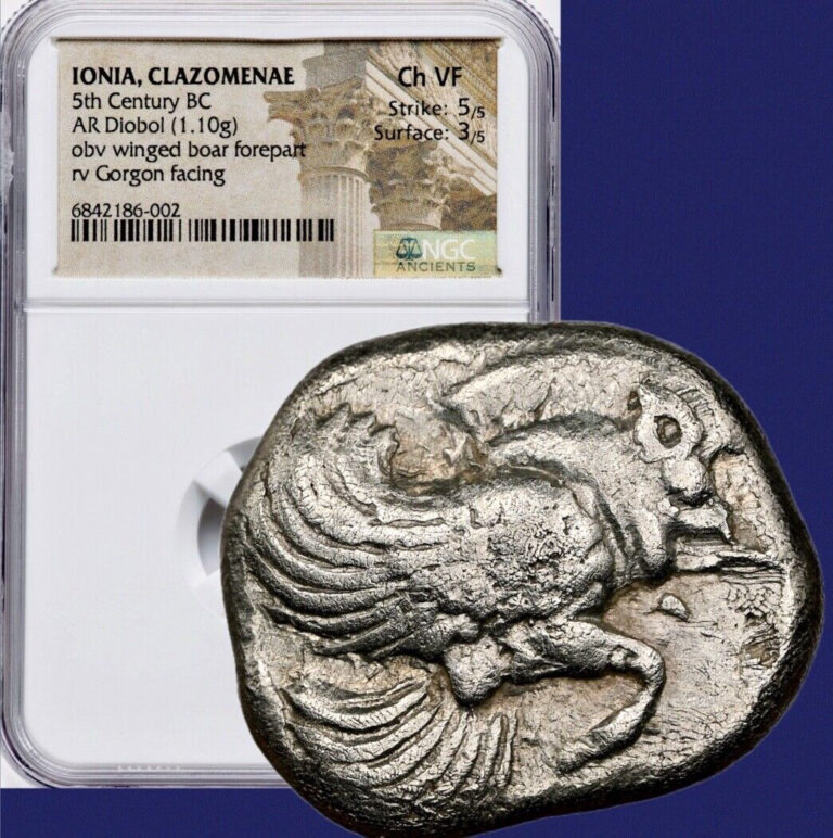 Read more about the article Ancient Greek Silver Coin 5th Century BC IONIA Clazomenae Diobol NGC Choice VF