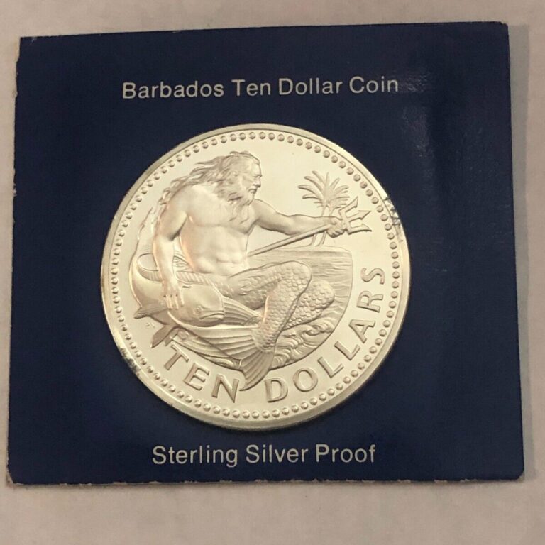 Read more about the article 1974 BARBADOS $10 gem proof. Huge sterling silver coin  still sealed.  #02