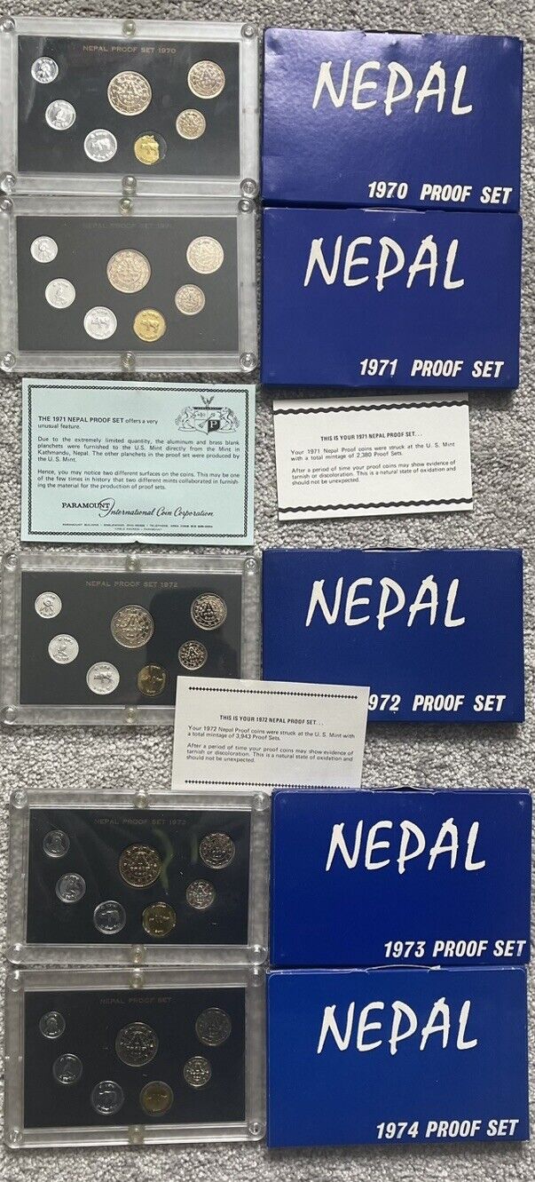 Read more about the article Nepal 5 Consecutive Year Proof Sets 1970  1971  1972  1973  1974 W/box’s COA