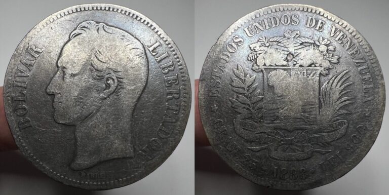 Read more about the article 1888 Venezuela 5 Bolivares Silver Circulated Crown Sized Coin