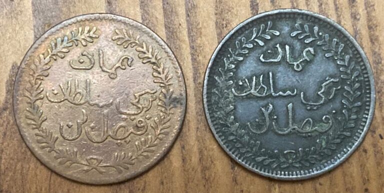 Read more about the article Lot of 2 Muscat and Oman 1/4 Anna bronze coins – 1898 AD (1315 AH)