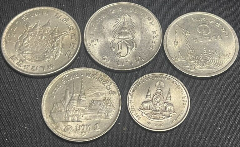 Read more about the article Thailand Lot Of (5) Old 1 Baht Coins 1962 1972 1977 982 1995 Circ-UNC