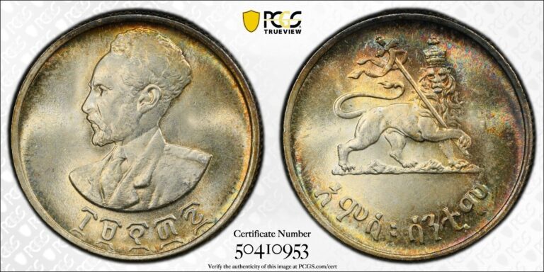 Read more about the article EE1936 1943 – 1944 Ethiopia Silver 50 Cents PCGS MS64