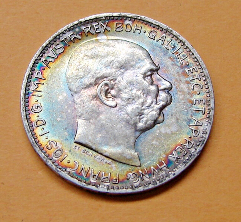 Read more about the article 1913= Austria Silver 1 Corona Coin==Choice Coin  Rainbow Toning–AU++++