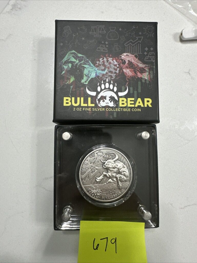 Read more about the article 2021 Chad 2 oz Silver Bull vs Bear Antiqued High Relief Coin with Box