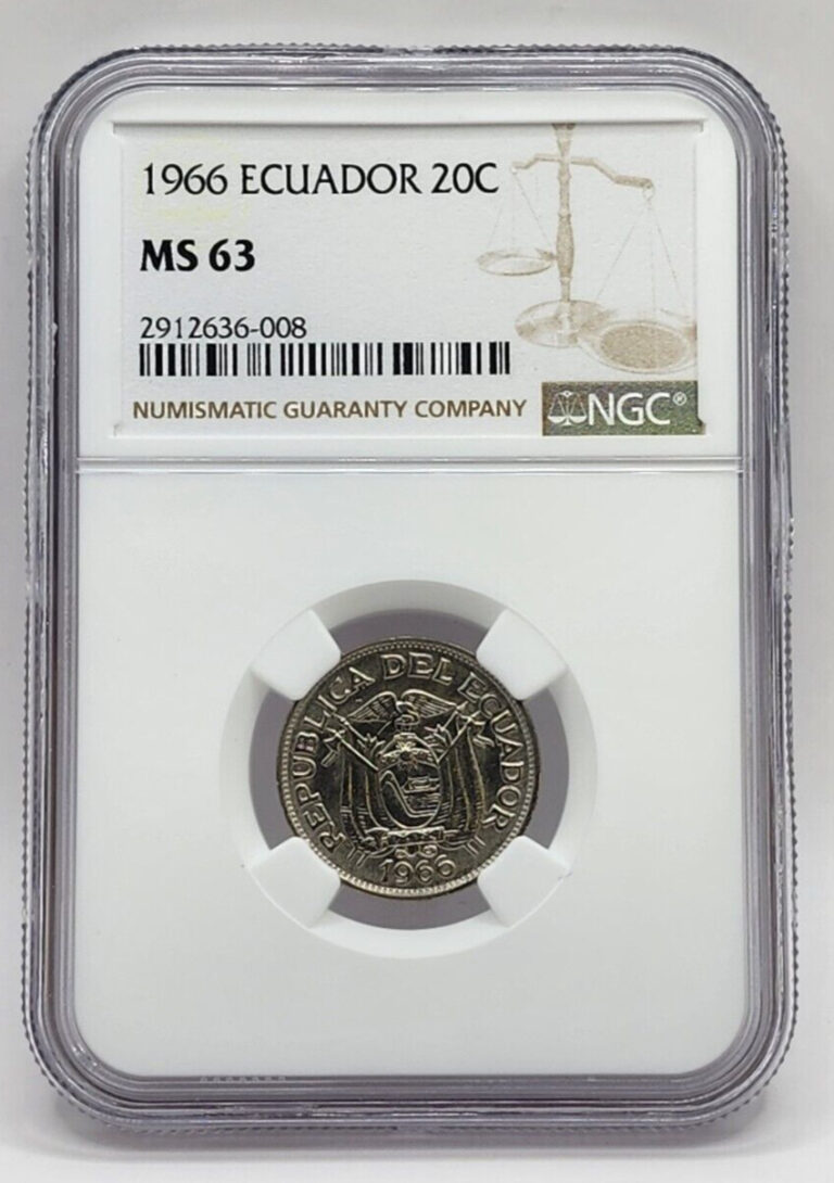 Read more about the article 1966 Ecuador 20 Centavos Coin – NGC MS 63 – KM# 77.1c