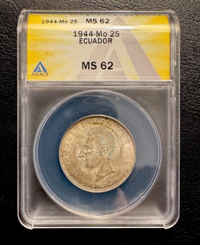 Read more about the article 1944 Ecuador 2 Sucres ANACS MS62 Mo Mexico City Mint Graded Silver Coin