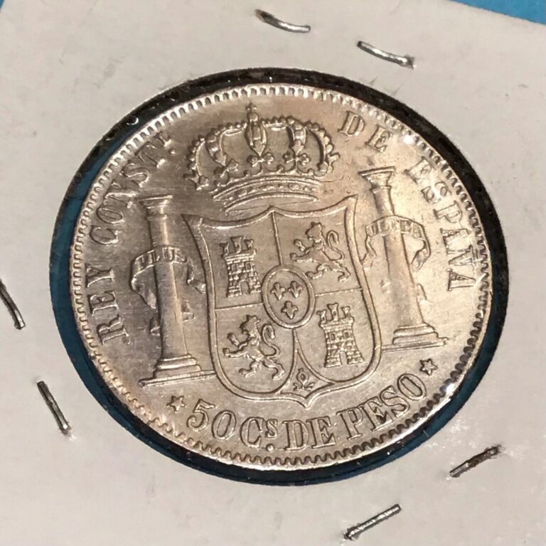 Read more about the article 1885 .835 Silver Spanish Philippines 50 Centimos De Peso. BU Details (scratch).