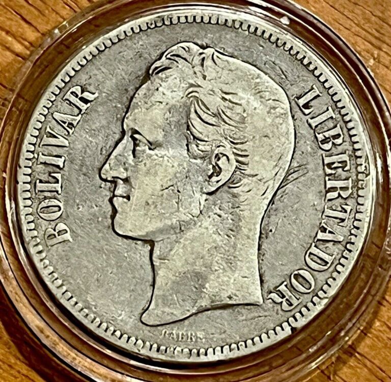 Read more about the article 1902 Venezuela 5 Bolivares SILVER Coin  Simon Bolivar  .900  In Plastic Capsule