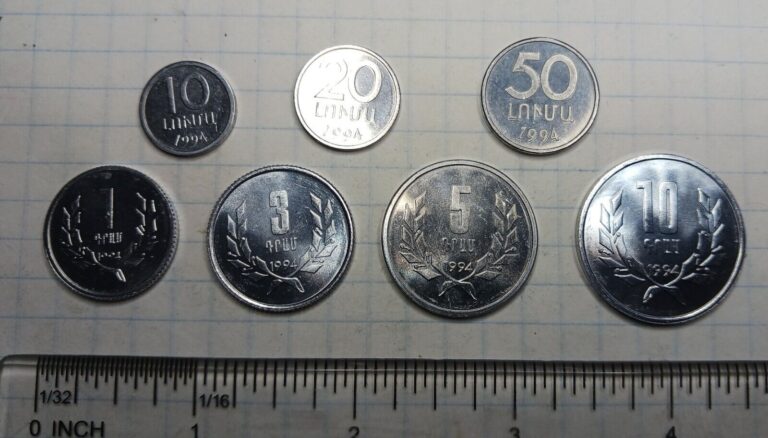 Read more about the article Armenia set of 7 coins 10 20 50 Luma 1 3 5 10 Drams World coins 1994 UNC