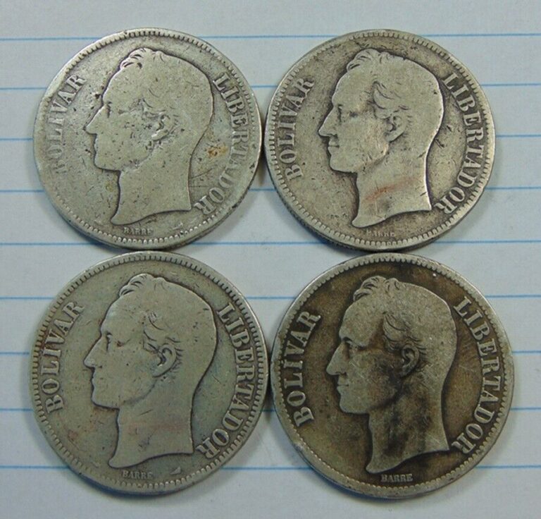 Read more about the article VENEZUELA ~ 4 COINS ~ .900 SILVER   5 BOLIVARES ~ 1900 -1902 – 1911 – 1935