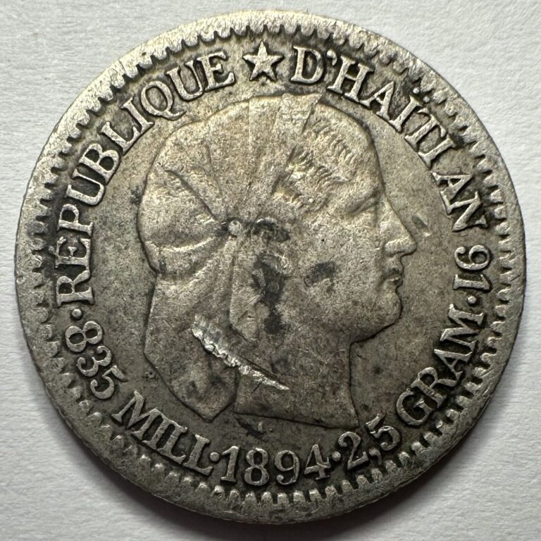 Read more about the article 1894 Haiti 10 Centimes  Silver VF Scratch