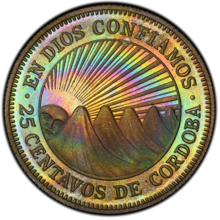 Read more about the article PR65CAM 1972 Nicaragua 25 Centavos Silver Proof  PCGS Trueview- Rainbow Toned