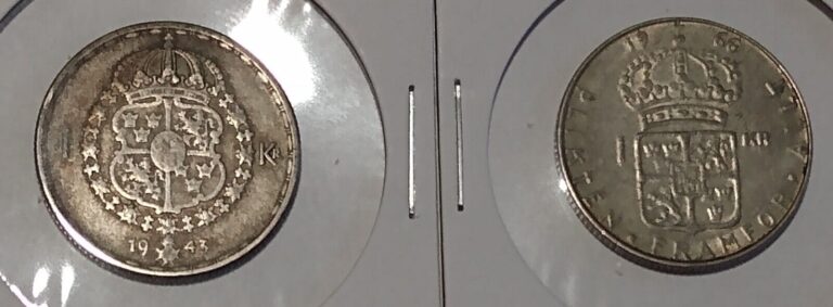 Read more about the article 1943 and 1966 SWEDEN 1 KRONA .400 SILVER COINS  Quarter Size