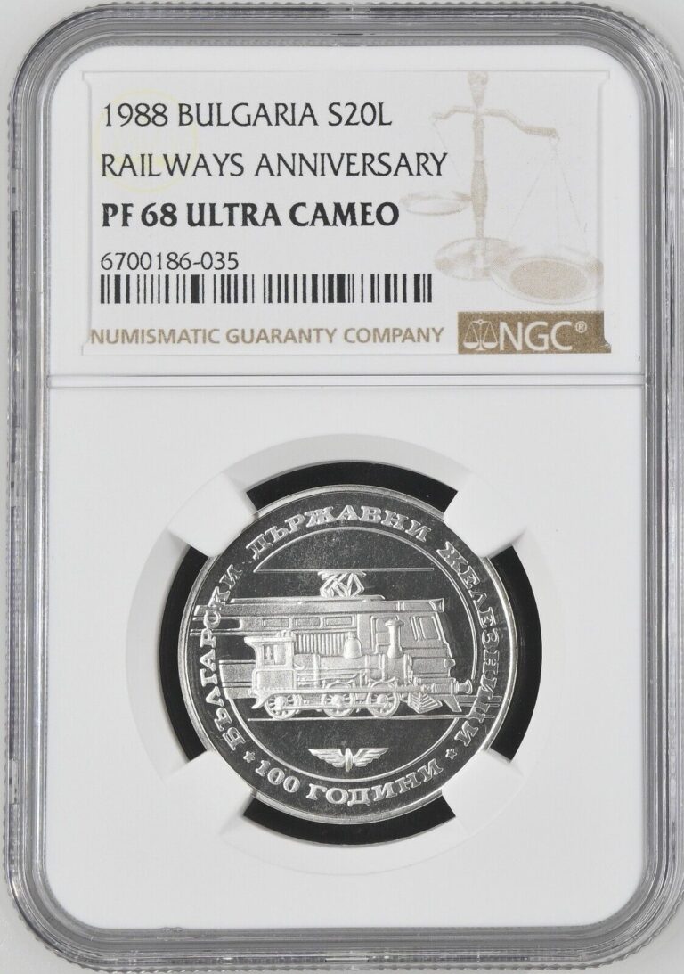 Read more about the article 1988 BULGARIA SILVER 20 LEVA RAILWAYS ANNIVERSARY NGC PF 68 ULTRA CAMEO