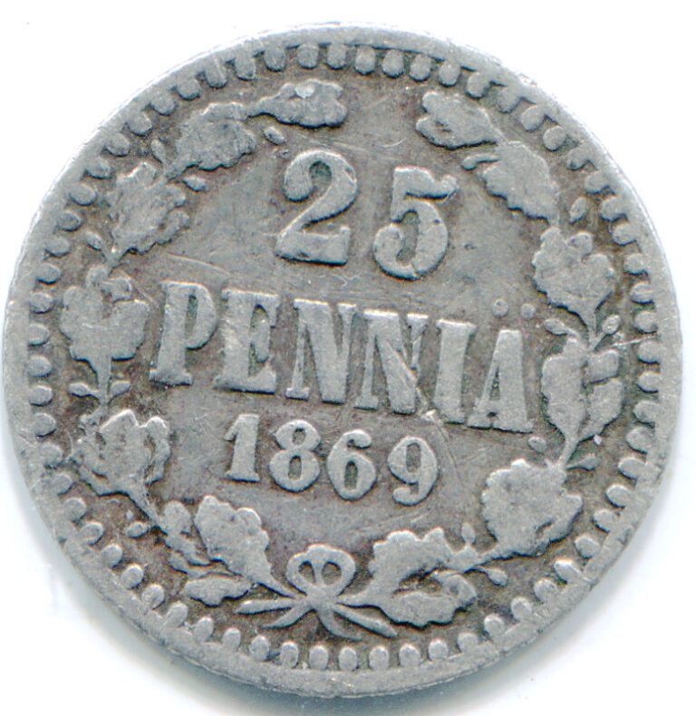 Read more about the article Finland 25 Pennia 1869 semi key date   nice coin  KM-36.1 lotdec6909