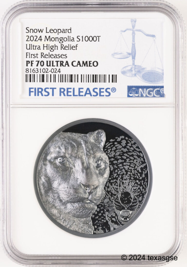 Read more about the article 2024 Mongolia Silver 2oz 1000Tog Snow Leopard Black Proof NGC PF70 First Release