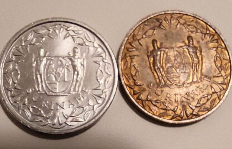 Read more about the article Suriname 2 Coins Lot – 1 cent 1979 Aluminium + 1 Cent 1962 Bronze