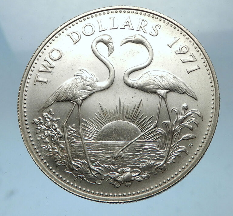 Read more about the article 1971 The BAHAMAS SILVER 2 Dollars Large Coin Elizabeth II FLAMINGO Birds i68516