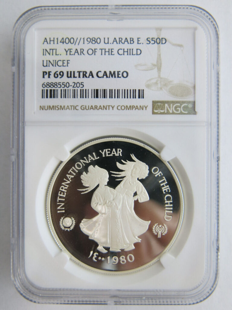 Read more about the article 1980 UAE United Arab Emirates silver Year of Child NGC PF69 UC 50 dirhams