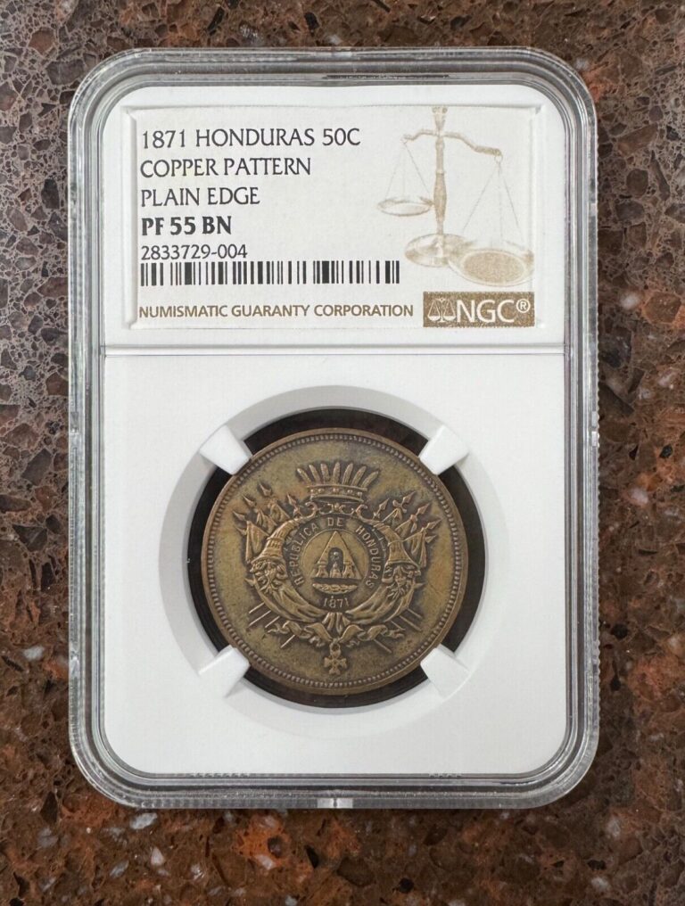 Read more about the article 1871 Honduras 50 Centavos Copper Pattern NGC PF55 BN – KM# Pn16