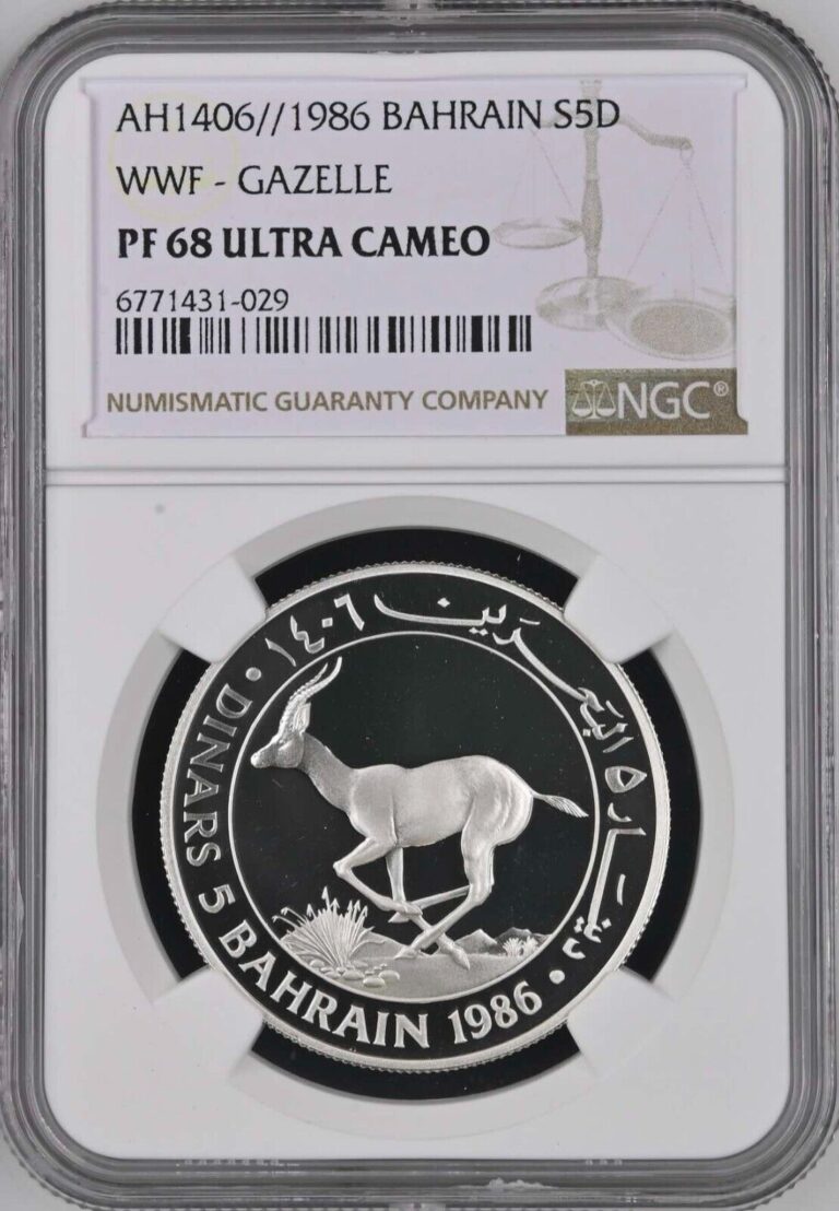 Read more about the article BAHRAIN   SILVER 5 DINARS 1986 WWF – GAZELLE  (EL) NGC PF 68 UC   RARE