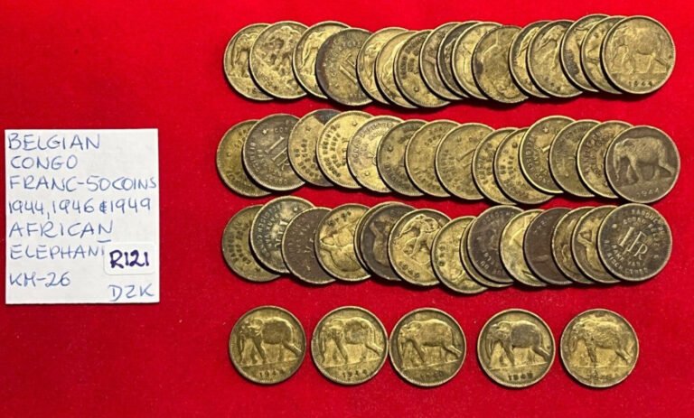 Read more about the article Belgian Congo; 50 circulated Coins – 1944  1946 and 1949 African Elephant   R121
