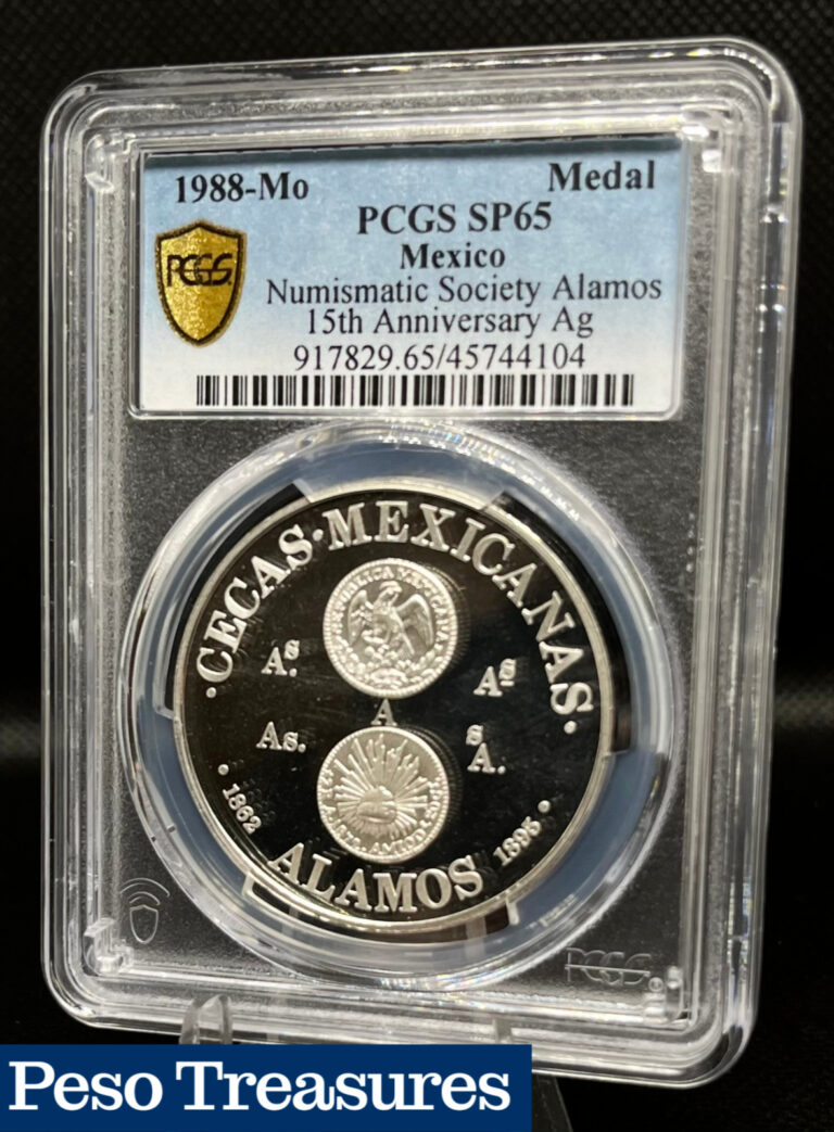 Read more about the article 1988 Mo Mexico 15th Ann of Numismatic Society Alamos – PCGS SP65 Silver Medal