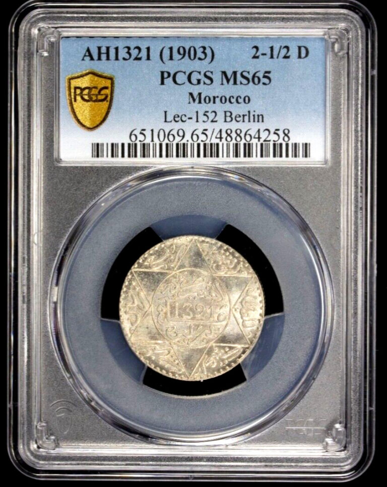 Read more about the article AH 1321 1903 Morocco 1/4 Rial  2 1/2 Dirhams  PCGS MS 65  KM-Y-20.1  Attractive