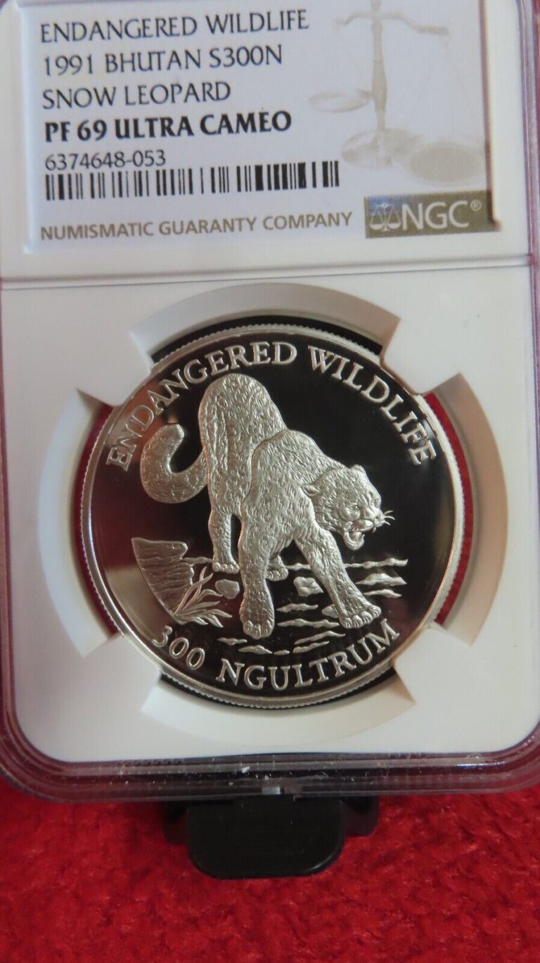 Read more about the article 1991 Bhutan  300 Ngultrums Endangered Wildlife Snow Leopard Silver Coin PF69 NGC