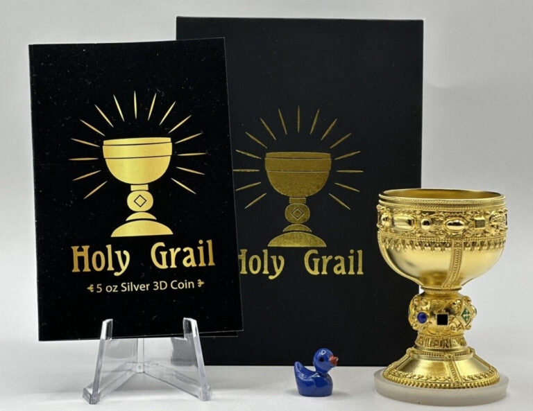 Read more about the article 2025 Samoa Holy Grail 5 oz Silver 3D Shaped Gilded Enameled Coin w/Gemstones