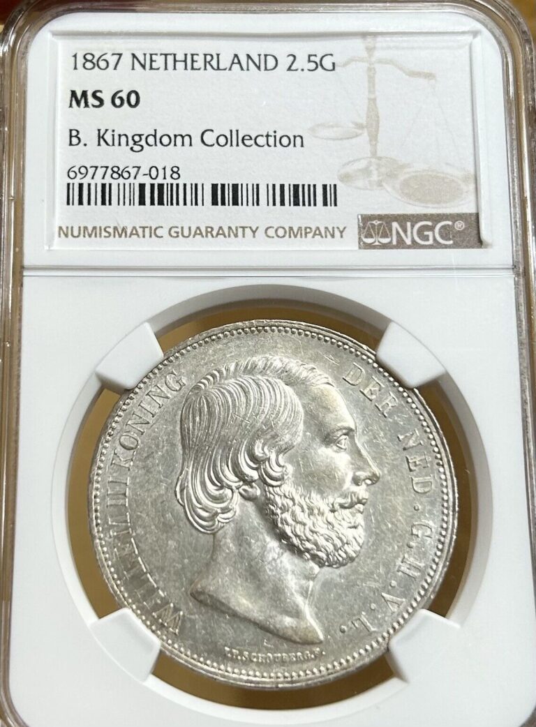 Read more about the article 1867 Netherlands 2 1/2 (2.5) Gulden Large Silver Coin – William III NGC MS60