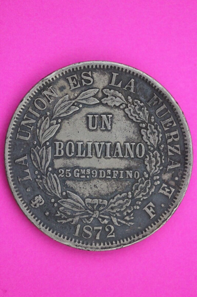 Read more about the article 1872 Bolivia Republic 1 Boliviano Silver Coin Elaborate Oval Shield 12