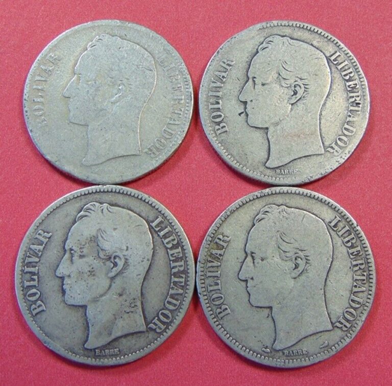 Read more about the article VENEZUELA ~ 4 COINS ~ .900 SILVER   5 BOLIVARES ~ 1888 -1889 – 1926 – 1912