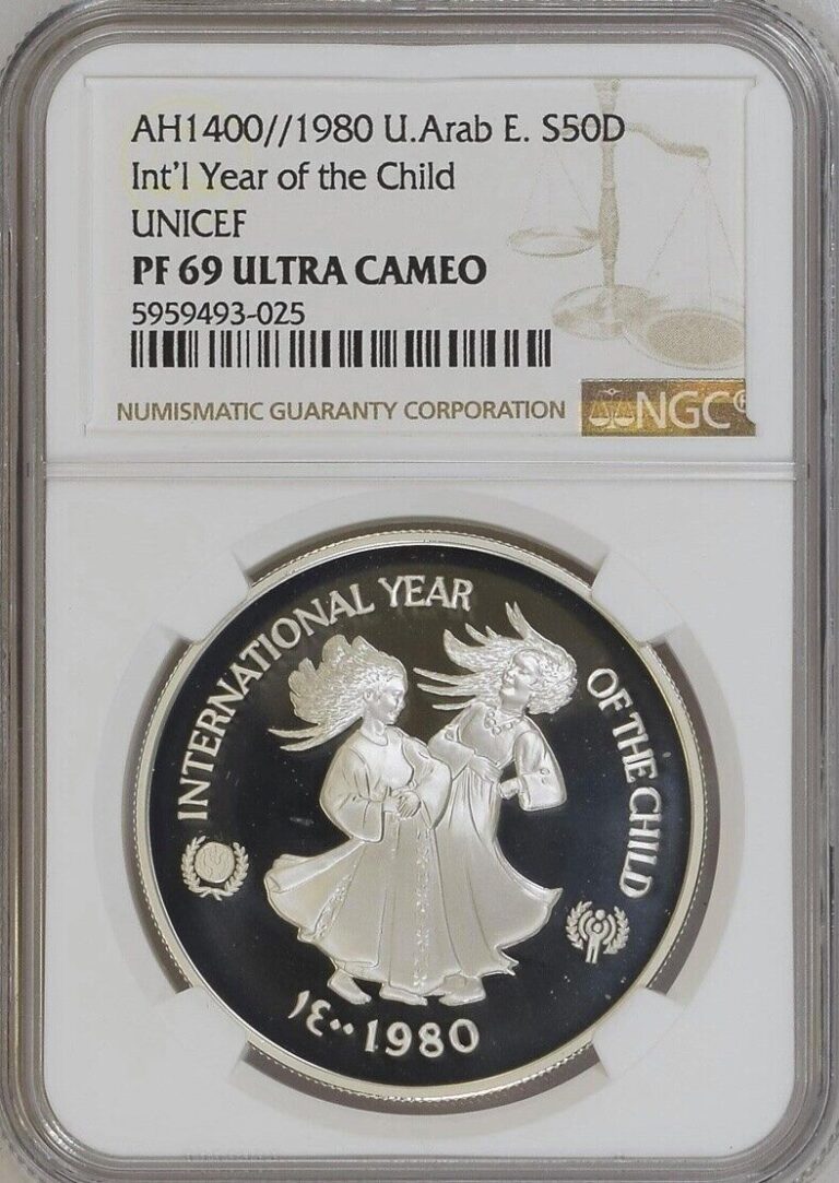 Read more about the article UNITED ARAB EMIRATES   SILVER 50 DIRHAMS 1980 CHILD – UNICEF NGC PF 69 UC  RAREV