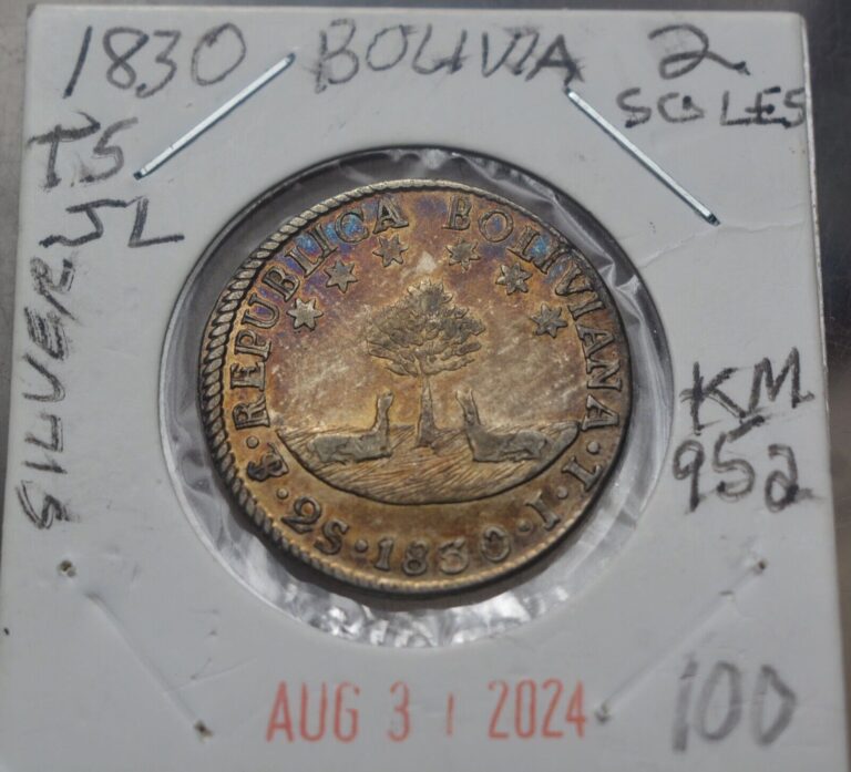 Read more about the article 1830 TS JL BOLIVIA SILVER 2 SOLES KM95a- Llamas beneath tree/Laureate bust right