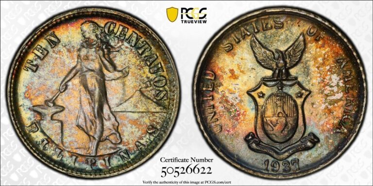 Read more about the article MS65 1937-M 10C US Philippines Silver 10 Centavos  PCGS Trueview- Rainbow Toned