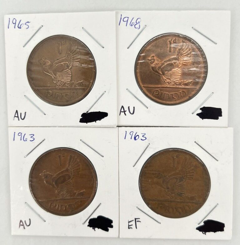 Read more about the article Lot of 4 Coins Ireland Eire 1 Penny: (2) 1963  1965  1968. Good Details! 🇮🇪