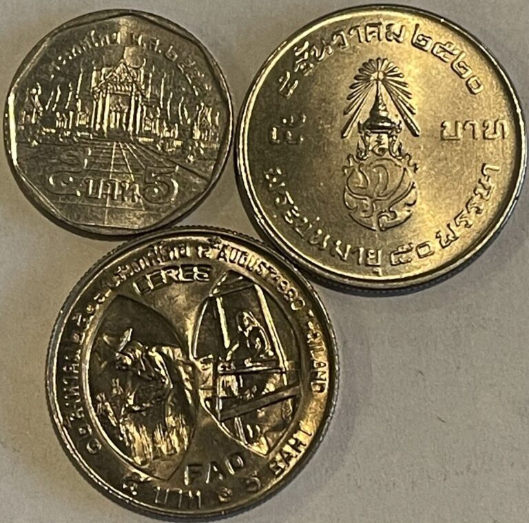 Read more about the article Thailand Lot of (3) Antique 5 baht coins 1977 1980 2014 Nice Condition